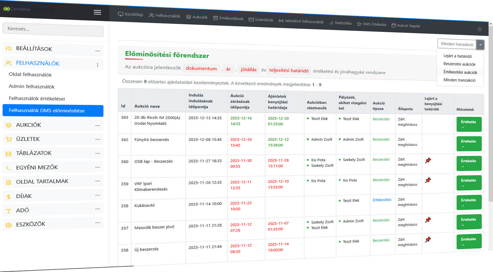 Aukció előminősítési főrendszer